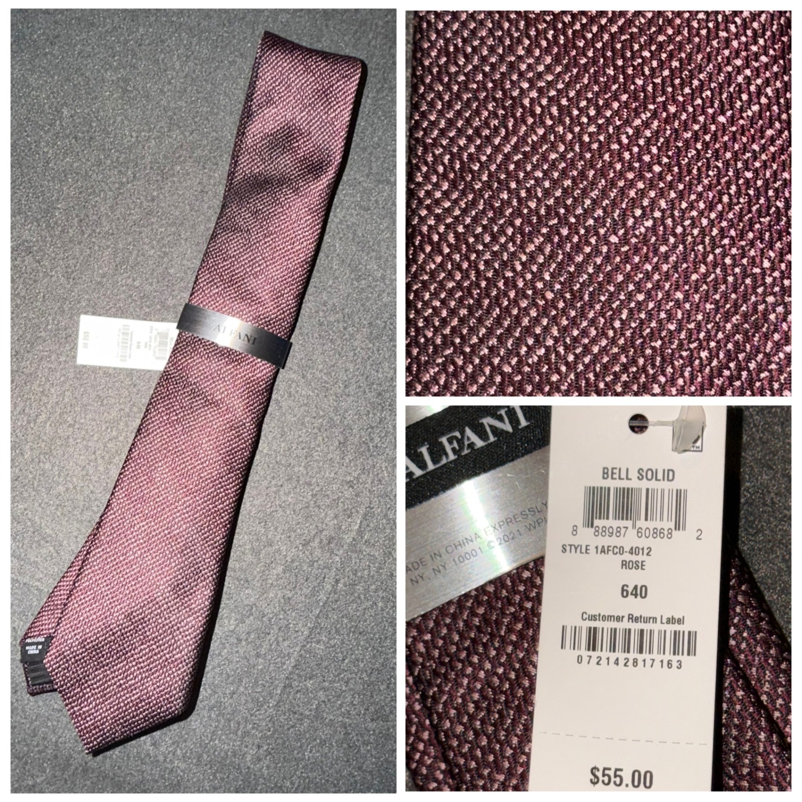 Alfani Mens Bell Solid Rose Textured Necktie 1afc0-4012 New With Tags